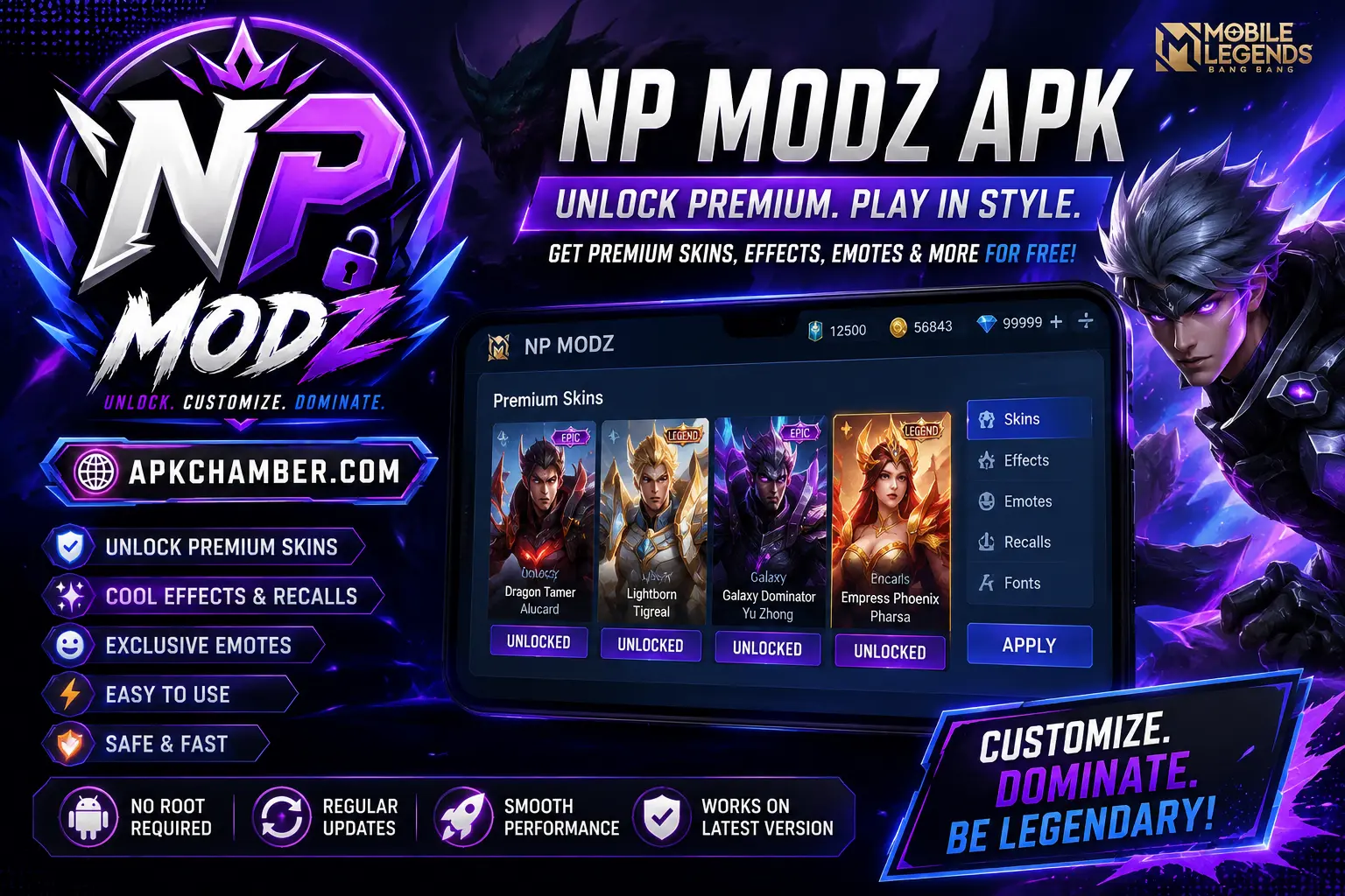 NP Modz APK banner featuring Mobile Legends premium skins, battle effects, emotes, APKChamber.com and logo